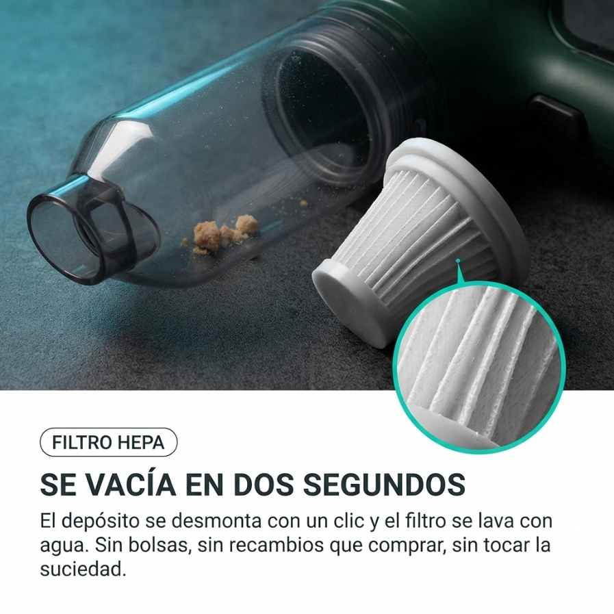Filtro HEPA lavable y depósito desmontable de TurboVac